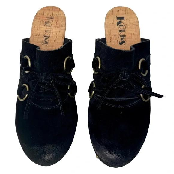 KORKS Woodley Black Suede Studded Clogs Mules with Wooden Heel Size 8M - Picture 13 of 13